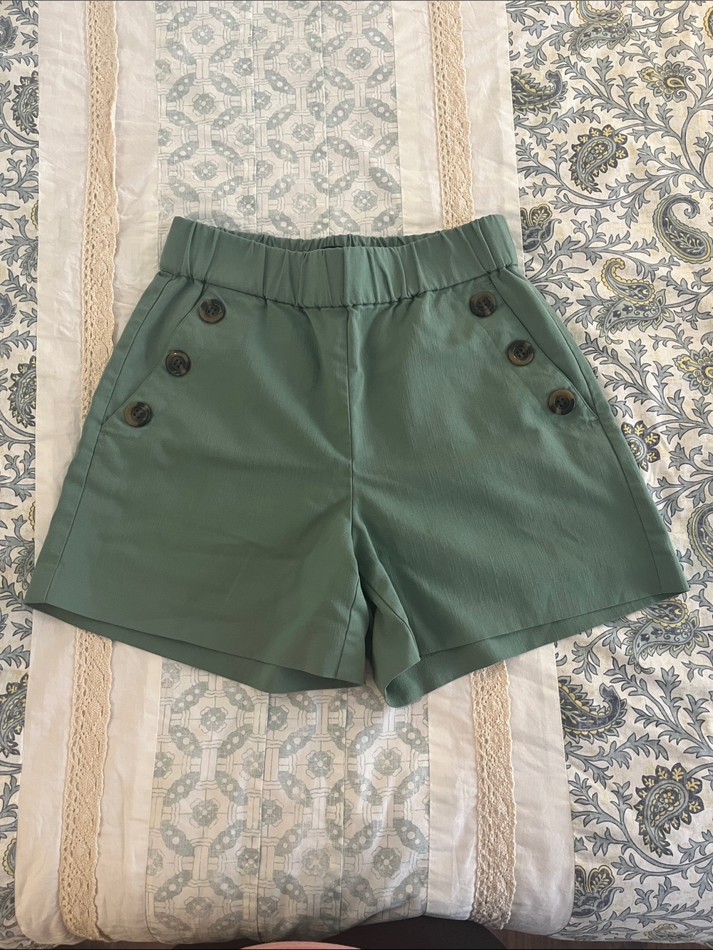 Ann Taylor High Waist Green Shorts with Button Accents